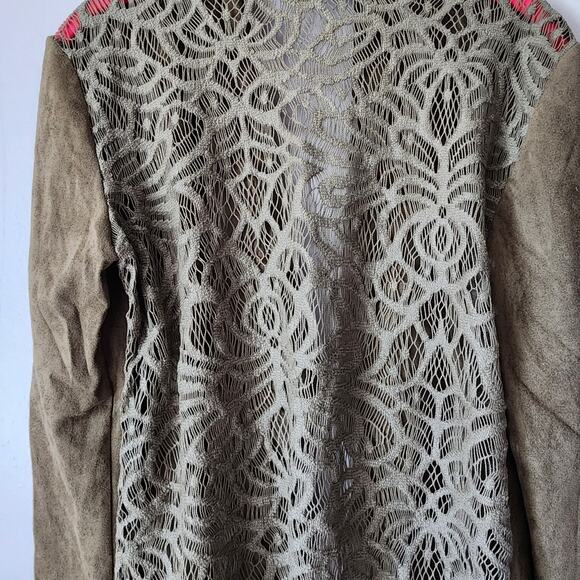 Alberto Makali Boho Western Lace Faux Suede Leather Draped Green Cardigan XS - Picture 7 of 8